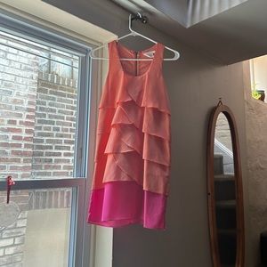 Lush dress size S. Super cute and flowy color block layers. Orange and pink.